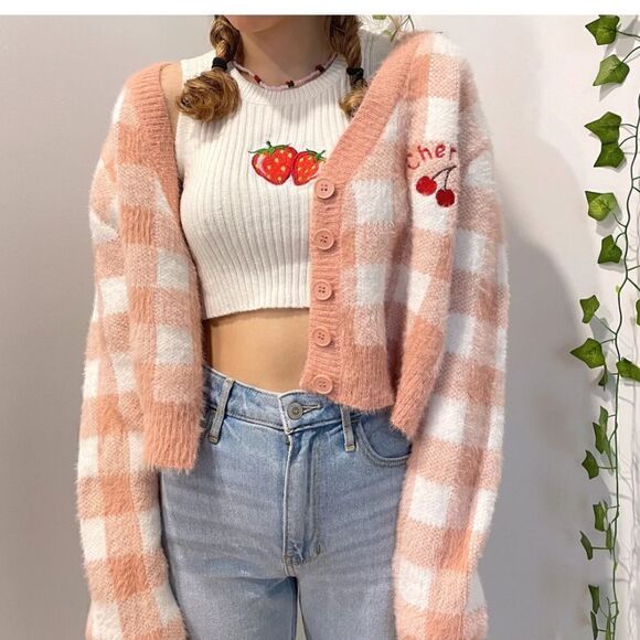Harry’s Hidden Angels Cherry Fuzzy Cropped Cardigan Sweater Peach XL Gingham - Picture 1 of 11